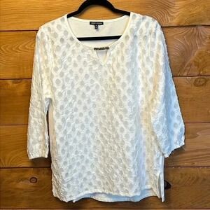Robert Kitchen White Textured Keyhole Beaded 3/4 Sleeve Blouse Top M Minimalist